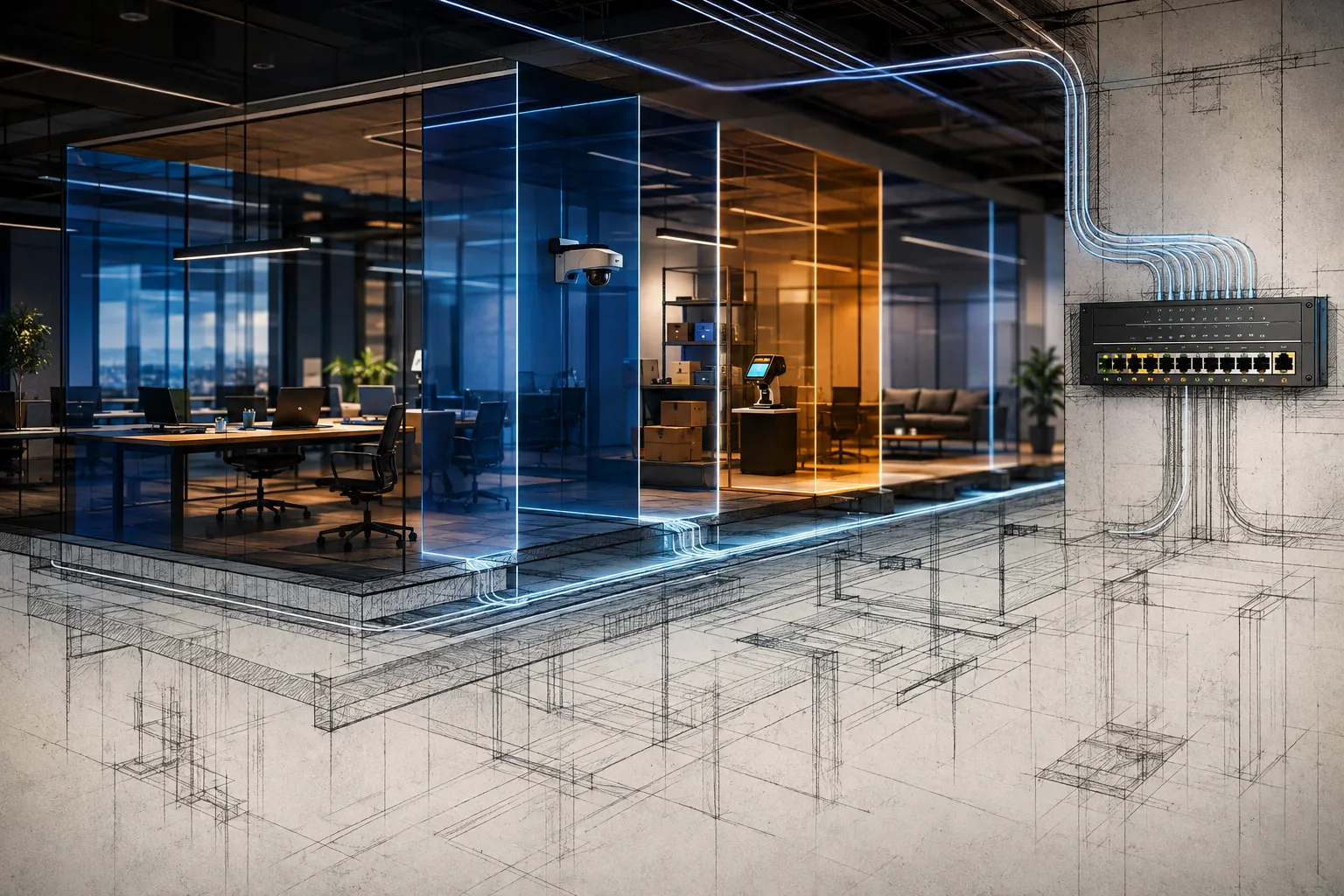 Cinematic editorial hero image, landscape : a modern open-plan office interior photographed at eye level, where translucent