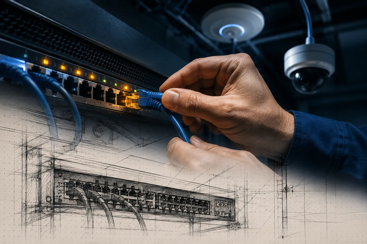 Cinematic editorial hero, landscape : extreme close-up of a technician's hands plugging a single blue Cat6 Ethernet patch