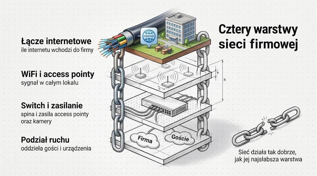 Cztery warstwy sieci firmowej: łącze, WiFi, switch i podział ruchu