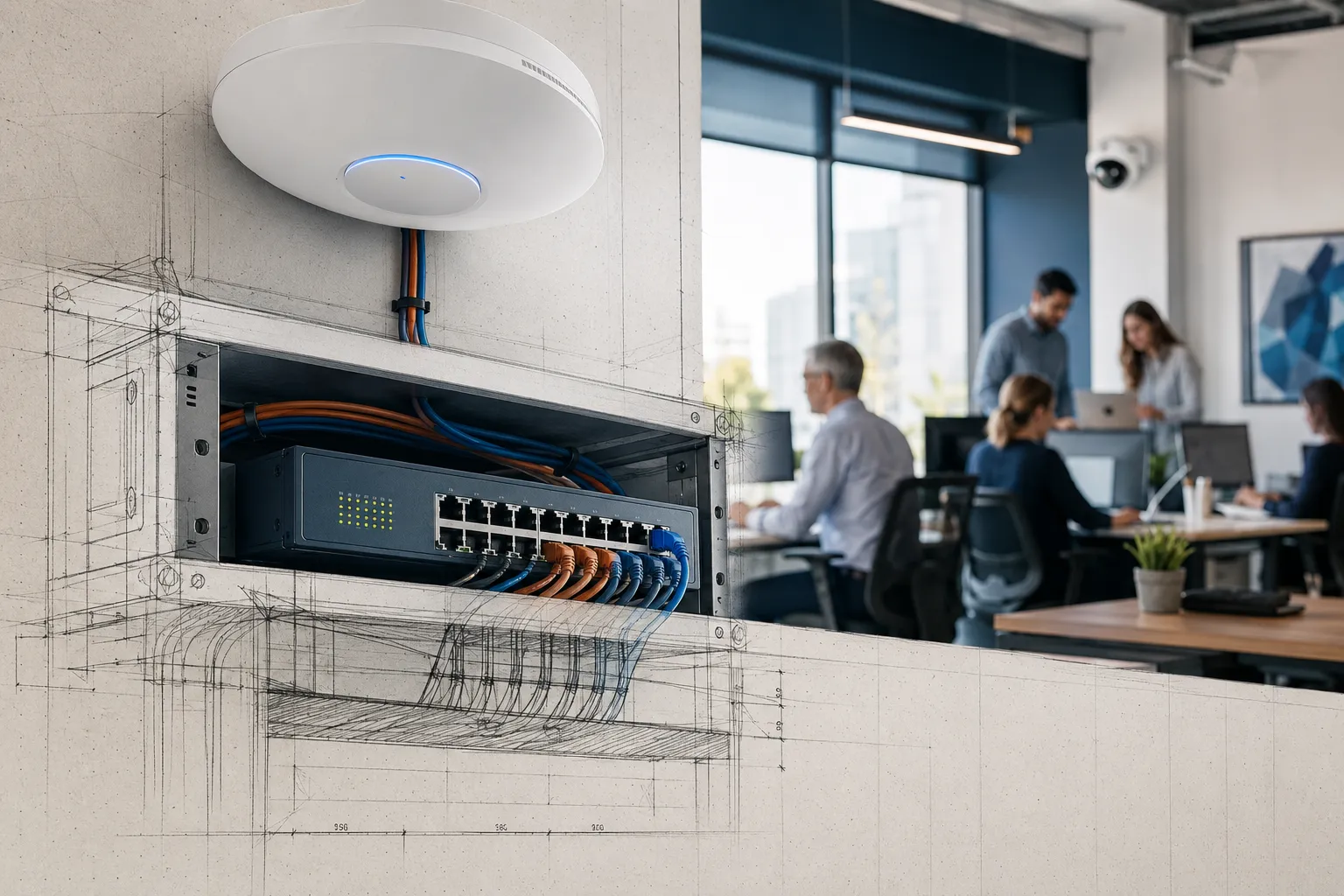 Landscape cinematic editorial hero: a modern small-business office at bright mid-morning, shallow depth of field, in the