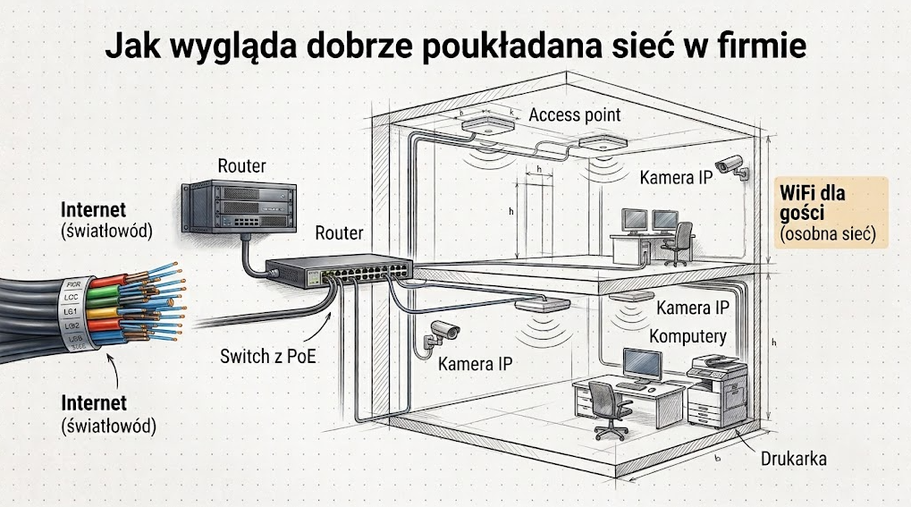 Schemat sieci firmowej w biurze: router, switch PoE, access pointy, kamery i osobna sieć dla gości